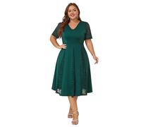 LapaPlus Plus Size Women’s Formal Dresses for Wedding Guests Lace Short Sleeve V-Neck Party Cocktail Dress Evening Dress Dark Green