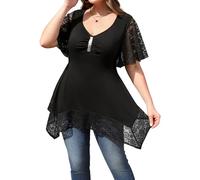 LapaPlus Women Plus Size Lace Trim Short Sleeve Summer Shirt 2025, V Neck Sequins Tops Casual Party T-Shirt Flowy Tunic Black