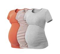 LAPASA Women's Maternity Tops, Soft Modal Cotton Pregnancy Tshirts, Side Ruched Crew Neck Short Sleeve Tees L55, Multicolor 4, M