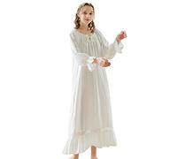 LAPAYA Women's Victorian Cotton Nightgown Lace Trim Martha Vintage Sleepwear Long Sleeve Sleepshirts, White, Medium