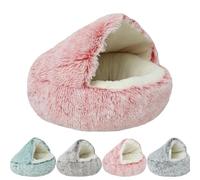 Lapcatz Nest Bed for Indoor Cats - Semi-Enclosed Pet Cave, Round Plush Fluffy Hooded Calming Cat Bed, Removable (Pink Short Velvet, S 20in/50cm)