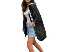 Lapel Collar Overcoats Ladies Belted Shoulder Epaulets Slim Zipper Hiking Walking Cycling Outerwear with Pockets Rain Jacket Outdoor Fashionable Black Jackets Office Formal Occasions