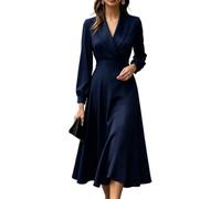 Lapel V Neck A Line Midi Dress Sleeve Belted Wedding Guest Shirt Dresses | Women's Lapel V Neck A Line Midi Dress for Wedding Guest UK, Long Puff Sleeve Belted Swing Dress with Blazer