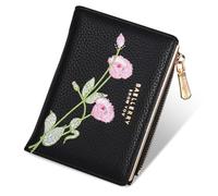 Lapensa Small Wallet for Women -Bifold Embroidery Flower Wallet RFID Blocking PU Leather with Zipper Pocket for women girls, Black, Wallet for Women