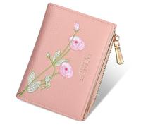 Lapensa Small Wallet for Women -Bifold Embroidery Flower Wallet RFID Blocking PU Leather with Zipper Pocket for women girls, Pink, 5 x 4 x 0.5 inches, Wallet for Women