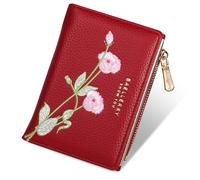 Lapensa Small Wallet for Women -Bifold Embroidery Flower Wallet RFID Blocking PU Leather with Zipper Pocket for women girls, Red, Wallet for Women