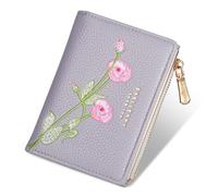 Lapensa Small Wallet for Women -Bifold Embroidery Flower Wallet RFID Blocking PU Leather with Zipper Pocket for women girls, Purple, Wallet for Women
