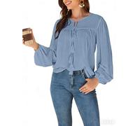 LAPHEE ROSE Womens Boho Tops-Split Neck Tunic with Tassel Ties Long Sleeve, Blue, XXL