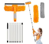 Lapluied 4M/157" Long Reach Window Cleaning Equipment, 3 in 1 Telescopic Window Cleaner, 270° Rotating Squeegee Window Cleaning Kit with 10 Extendable Pole for Indoor/Outdoor High Window,Orange