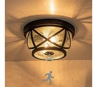 Laplusbelle Motion Sensor Ceiling Light Fixture Outdoor Flush Mount Manual Dusk to Dawn Matte Black Waterproof Indoor Ceiling Light Fixture with Seeded Glass for Front Porch Garage Entrance