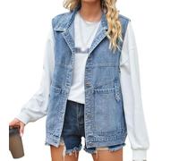 LApooh Denim Waistcoat-Vintage Distressed Washed Denim Vest Gilet Women'S Short Denim Waistcoat Plus Size Denim Jacket Cropped Leisure Summer Spring Jeans Jacket Button Placket,Blue,Xl