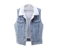 LApooh Womens Denim Vest Jacket Winter, Fur Lapel Fleece Lined Jean Gilet Fuzzy Sleeveless Jacket Vest, Lapel Button Down Sleeveless Vest Coats For Women,Light Blue,M