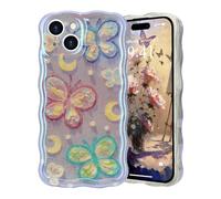LAPOPNUT for iPhone 13 Case,Colorful Flower Cute Curly Wave Frame Phone Case for Women and Girls,Floral Oil Painting Glossy Pattern Soft TPU Shockproof Cover for iPhone 13 6.1",Moon