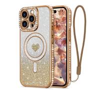 LAPOPNUT for iPhone 13 Pro Max Magnetic Case [Compatible with MagSafe][Glitter Card & Wrist Strap],Girls Women Bling Sparkle Rhinestone Diamond Raised Lens Protection Cover for iPhone 13 Pro Max,Gold