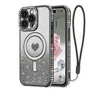 LAPOPNUT for iPhone 14 Pro Max Magnetic Case [Compatible with MagSafe][Glitter Card & Wrist Strap],Girls Women Bling Sparkle Rhinestone Diamond Raised Lens Protection Cover for iPhone 14 Pro Max,Black