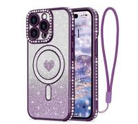 LAPOPNUT for iPhone 14 Pro Max Magnetic Case [Compatible with MagSafe][Glitter Card & Wrist Strap],Girls Women Bling Sparkle Rhinestone Diamond Raised Len Protection Cover for iPhone 14 Pro Max,Purple