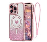 LAPOPNUT for iPhone 15 Pro Max Magnetic Case [Compatible with MagSafe][Glitter Card & Wrist Strap],Girls Women Bling Sparkle Rhinestone Diamond Raised Lens Protection Cover for iPhone 15 Pro Max,Pink