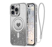 LAPOPNUT for iPhone 15 Pro Max Magnetic Case [Compatible with MagSafe][Glitter Card & Wrist Strap],Girls Women Bling Sparkle Rhinestone Diamond Raised Len Protection Cover for iPhone 15 Pro Max,Silver