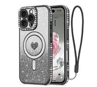 LAPOPNUT for iPhone 16 Pro Max Magnetic Case [Compatible with MagSafe][Glitter Card & Wrist Strap],Girls Women Bling Sparkle Rhinestone Diamond Raised Lens Protection Cover for iPhone 16 Pro Max,Black