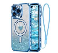 LAPOPNUT for iPhone 16 Pro Max Magnetic Case [Compatible with MagSafe][Glitter Card & Wrist Strap],Girls Women Bling Sparkle Rhinestone Diamond Raised Lens Protection Cover for iPhone 16 Pro Max,Blue