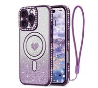 LAPOPNUT for iPhone 16 Pro Max Magnetic Case [Compatible with MagSafe][Glitter Card & Wrist Strap],Girls Women Bling Sparkle Rhinestone Diamond Raised Len Protection Cover for iPhone 16 Pro Max,Purple
