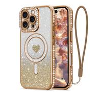 LAPOPNUT for iPhone 16 Pro Max Magnetic Case [Compatible with MagSafe][Glitter Card & Wrist Strap],Girls Women Bling Sparkle Rhinestone Diamond Raised Lens Protection Cover for iPhone 16 Pro Max,Gold