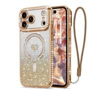 LAPOPNUT for iPhone 17 Pro Max Magnetic Case [Compatible with MagSafe][Glitter Card & Wrist Strap],Girls Women Bling Sparkle Rhinestone Diamond Raised Lens Protection Cover for iPhone 17 Pro Max,Gold