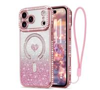 LAPOPNUT for iPhone 17 Pro Max Magnetic Case [Compatible with MagSafe][Glitter Card & Wrist Strap],Girls Women Bling Sparkle Rhinestone Diamond Raised Lens Protection Cover for iPhone 17 Pro Max,Pink
