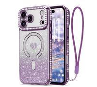 LAPOPNUT for iPhone 17 Pro Max Magnetic Case [Compatible with MagSafe][Glitter Card & Wrist Strap],Girls Women Bling Sparkle Rhinestone Diamond Raised Len Protection Cover for iPhone 17 Pro Max,Purple