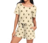 Laprad Womens Pajama Set Soft Short Sleeve 2 Piece Lounge Sets with Pockets, Bee, XL