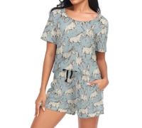 Laprad Womens Pajama Set Soft Short Sleeve 2 Piece Lounge Sets with Pockets, Beige Horses, M