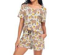 Laprad Womens Pajama Set Soft Short Sleeve 2 Piece Lounge Sets with Pockets, Capybara, L