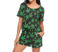 Laprad Womens Pajama Set Soft Short Sleeve 2 Piece Lounge Sets with Pockets, Marijuana Weed Leaf, S