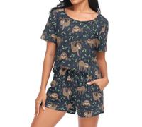 Laprad Womens Pajama Set Soft Short Sleeve 2 Piece Lounge Sets with Pockets, Sloth, L