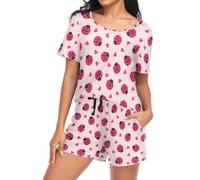 Laprad Women's Pajama Set Soft Short Sleeve 2 Piece Lounge Sleepwear Pjs Sets with Pockets, Cute Ladybug Heart, XL