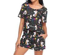 Laprad Women's Pajama Set Soft Short Sleeve 2 Piece Lounge Sleepwear Pjs Sets with Pockets, Rainbow Unicorn Dream, L