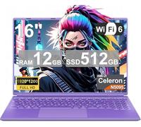 Laptop 16" Celeron N5095 (Up to 2.9GHz) 12GB RAM 512GB SSD Win11 Laptops Support 1TB SSD & 512GB TF Expansion | FHD 1920x1200 | Webcam | Long Battery Life | Purple | For Students & Business