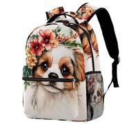 Laptop Backpack for Men and Women, Cute Dog Puppy with Flowers Floral Work Bag Lightweight Travel Daypack