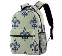 Laptop Backpack for Men and Women, Navy Blue Fleur De Lis Pattern on Sage Green Background Work Bag Lightweight Travel Daypack
