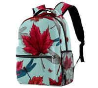 Laptop Backpack for Men Women, Seamless Red Maple Leaf and Dragonflies Work Bag Lightweight Travel Daypack