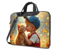 Laptop Backpacks Child Kissing Cat In Flower Garden With Butterflies Laptop Bag Laptop Backpacks Black Bag(26x36cm)