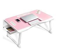 Laptop Bed Desk, Bed Table with Foldable Legs, Cup Slot, Drawer, for Laptop, Reading, Writing, Eating & Watching Movies on Bed, Sofa, or Floor, Office and Home (Pink)