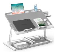Laptop Bed Desk, Potuopy Leather Adjustable Height Angle Foldable Bed Table, X-Large Laptop Stand for Bed with Eco Wooden Board for Working Reading Eating on Bed Sofa Floor (Grey, 60 * 40cm)