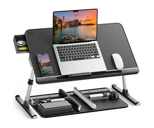 Laptop Bed Table, SAIJI 100% Eco-friendly wooden planks, Laptop Stand with Drawer, Folding Legs, 40kg Load, Angle Height Adjustable, Reading, Eating