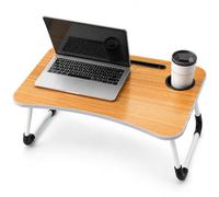 Laptop Bed Table with Cup Holder & Device Slot Foldable Laptop Desk 60 x 40 x 26 cm, Portable Laptop Table for Bed, Sofa & Floor, Folding Lap Desk for Study, Reading & Breakfast, Oak Wood