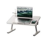 Laptop Bed Tray Table, Height and Angle Adjustable Lap Desk for Bed Sofa Couch, Portable Laptop Stand with Foldable Legs, Wide Non Slip Desktop, USB Fan and Light (White)