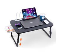 Laptop Desk for Bed, Height Adjustable Laptop Bed Table, Foldable Portable Lap Desk Stand with USB/Storage Drawer/Cup Holder/Slot, Breakfast Tray for Working Reading Writing Eating, Black