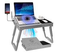 Laptop Desk for Bed Laptop Tray Table Foldable Stand Desk with Cooling Fan, 4 Port USB Hub, Adjustable LED Light, Mouse Pad and Storage Box for Working, Reading on Bed Couch Sofa (Grey)