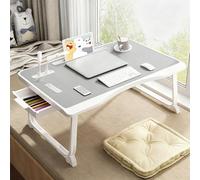 Laptop Desk USB Bed Table, Foldable Tray with USB Charge Port, Handle, Desktop Card/Cup Slot, Side Drawer, Portable Notebook Stand for Eating Reading Working Camping