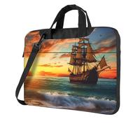 Laptop Shoulder Bag For Men Women,Waterproof Briefcase Messenger Bag Pirate Ship In The Sunset Laptop Sleeve Bag W/Strap Handle, Black, 14 inch